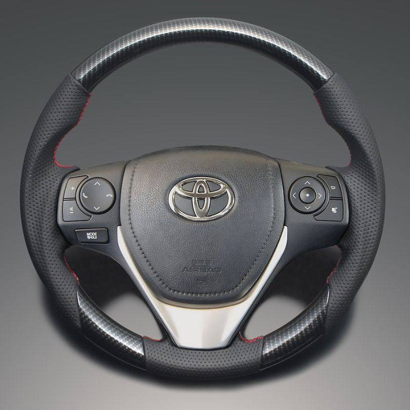 高品質の証ユーロステッチ採用 カーボン調xレッドステッチ 純正交換ガングリップステアリング オーリス 180系 H24-H30 3 LS194