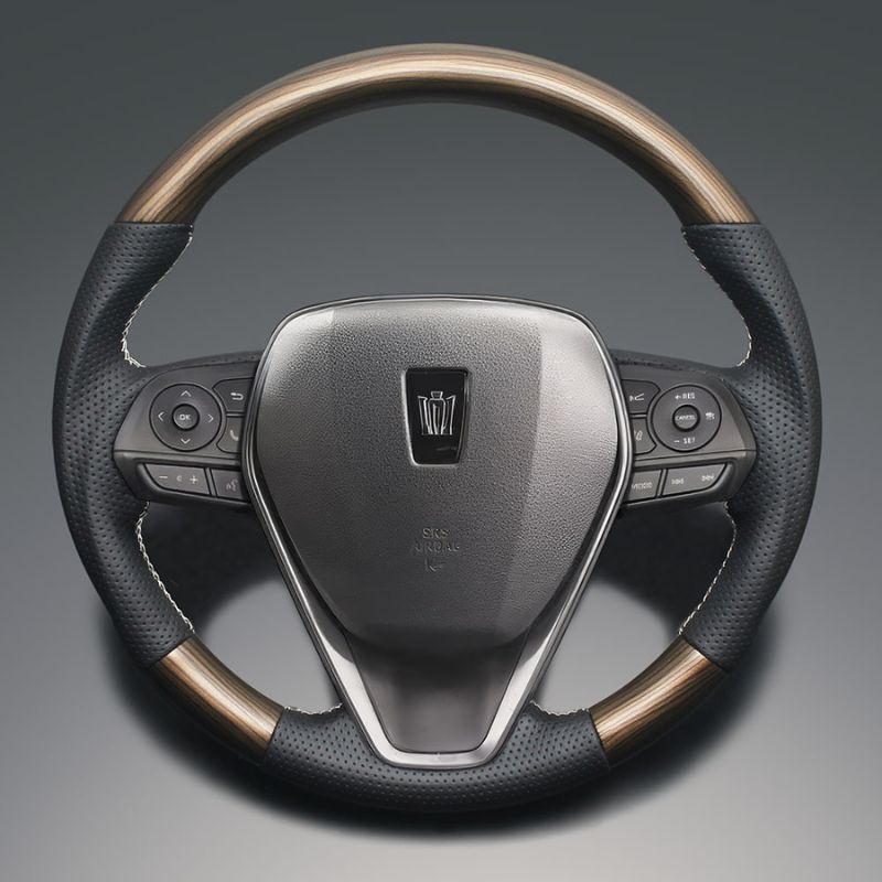 ユーロステッチ採用 ウォールナット茶木目xシルバーステッチ 純正交換ガングリップステアリング RAV4 50系 R01 10- LS205 ハイブリッドは取付不可