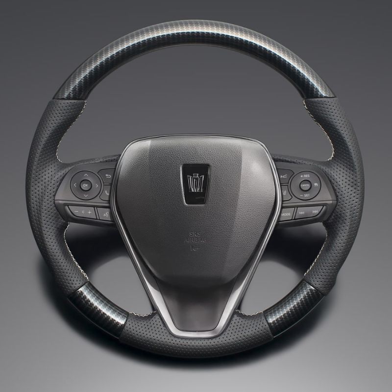 高品質の証ユーロステッチ採用 カーボン調xシルバーステッチ 純正交換ガングリップステアリング クラウン 220系 H30 -R4 7 LS203