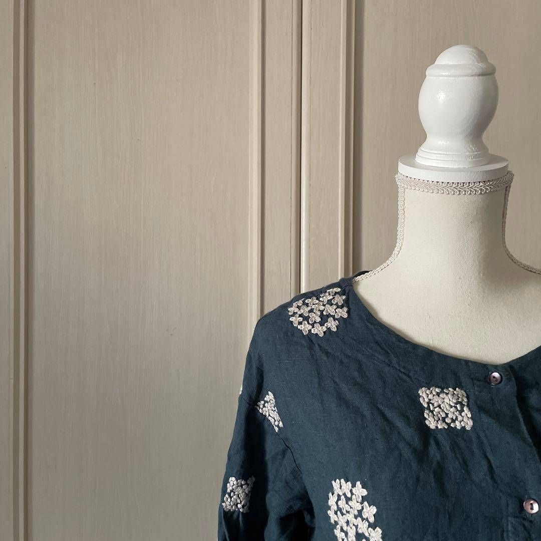 G ツチエ TUTIE 花柄 ワンピース シャツ ロング 刺繍 リネン 麻 青