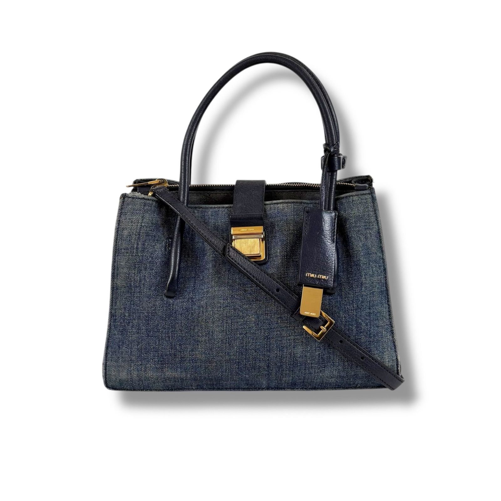 バッグ Miu Miu Logo Denim 2way Shoulder Bag MIU MIU 2WAY Denim Leather Shoulder Bag Navy Blue Authentic