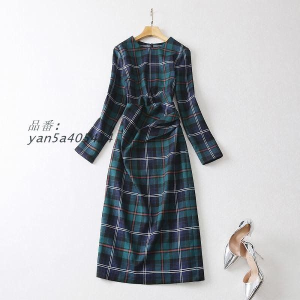 タータンチェックワンピース ウエスト変形デザイン タイとワンピース ひざ下丈 ミモレ丈 長袖 お出かけ通勤通学 大きいサイズ有り 細く見える yan5a405414