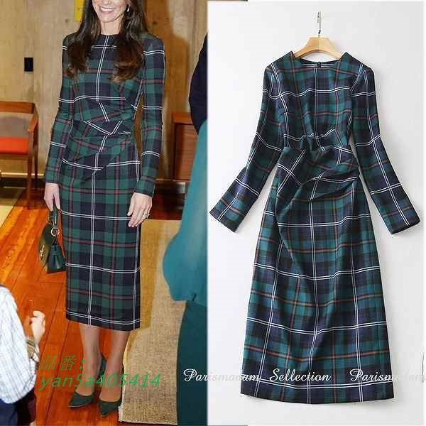タータンチェックワンピース ウエスト変形デザイン タイとワンピース ひざ下丈 ミモレ丈 長袖 送料無料お出かけ通勤通学 大きいサイズ有り 細く見える yan5a405414