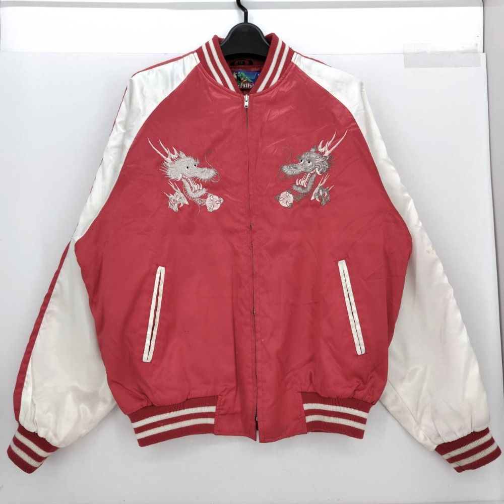 05w15935 Hoshihime 星姫 スカジャン 中綿 レッド|ホワイト サイズXL 日本製 メンズ 刺繍 龍 和柄 ナイロン 品