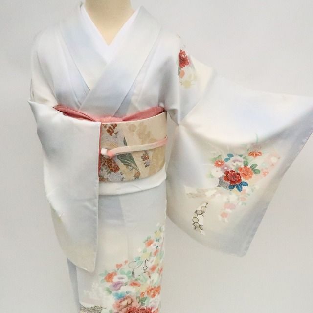 ✾まめ藤✾m2289 正絹 仕付け糸付き 芍薬 椿 束ね熨斗 牡丹 トールサイズ 手縫い仕立て 訪問着