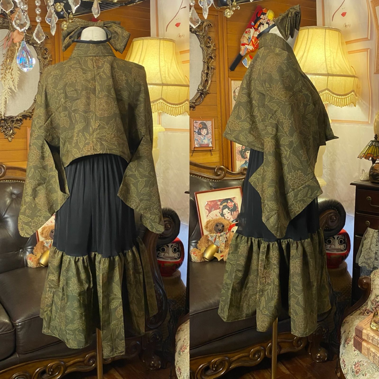 切り替え 深緑×花唐草模様