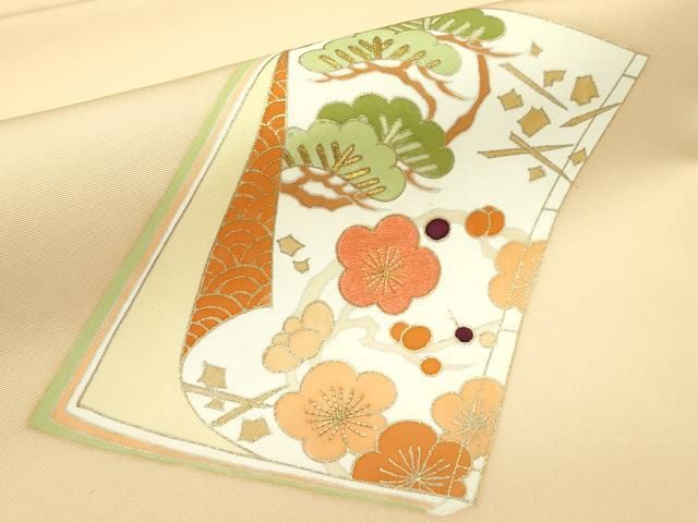 平和屋本店■極上　銀座　志ま亀　塩瀬　九寸名古屋帯　駒刺繍　松梅　冊子文　金彩　香色地　たとう紙付き　逸品　CZAA4384s5 平和屋本店□極上 銀座 志ま亀 塩瀬 九寸名古屋帯 駒刺繍 松梅 冊子文