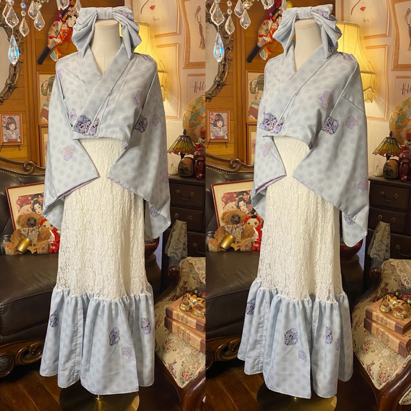 着物 ハンドメイド ワンピース パーティー ドレス 和洋折衷 コラージュ リメイク 切り替え レース× 淡藤色×和模様 O-84