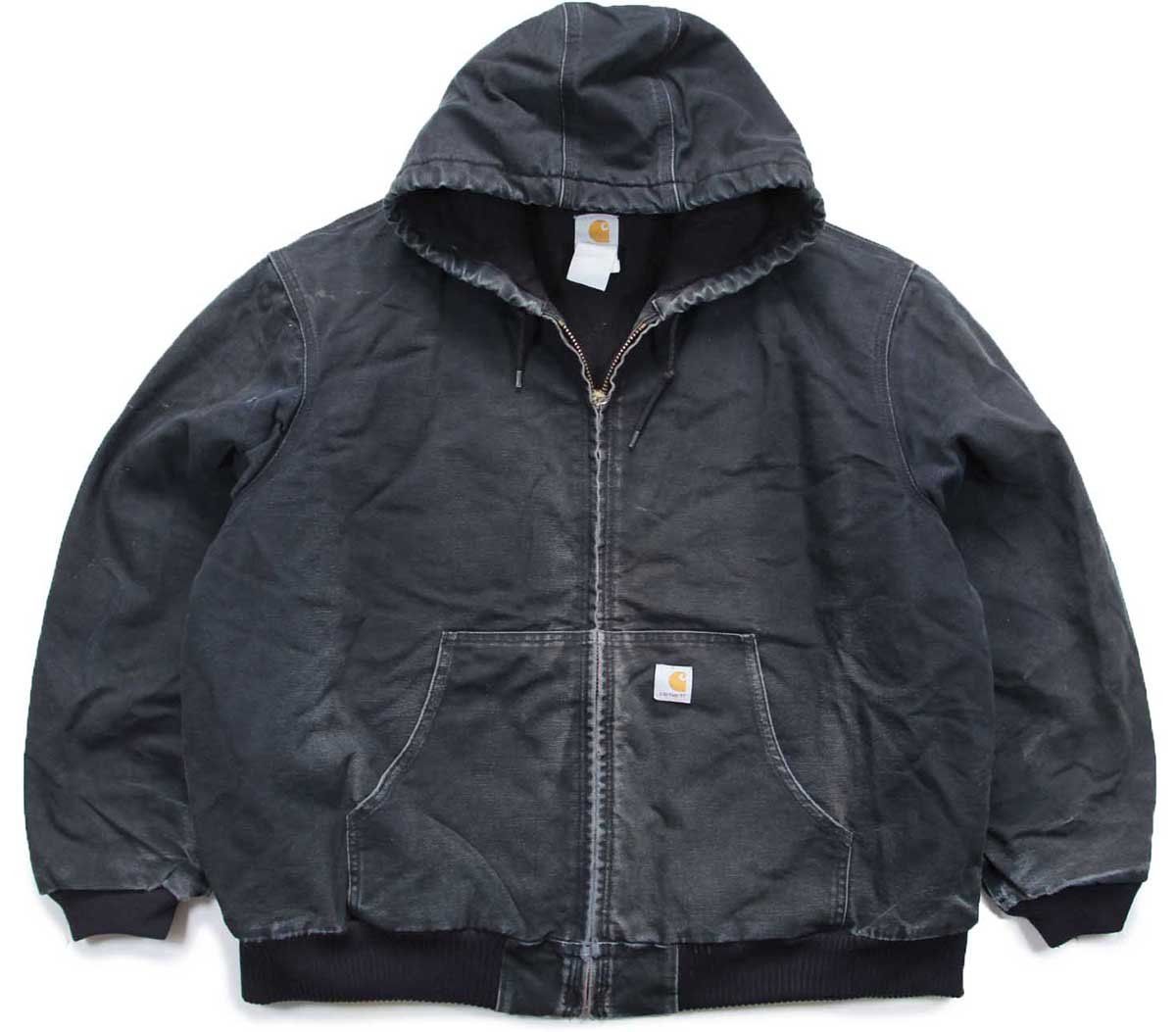 00s carharttカーハート キルティングライナー ダック地 アクティブジャケット パーカー 黒 フェード 特大 ワーク ビッグサイズ