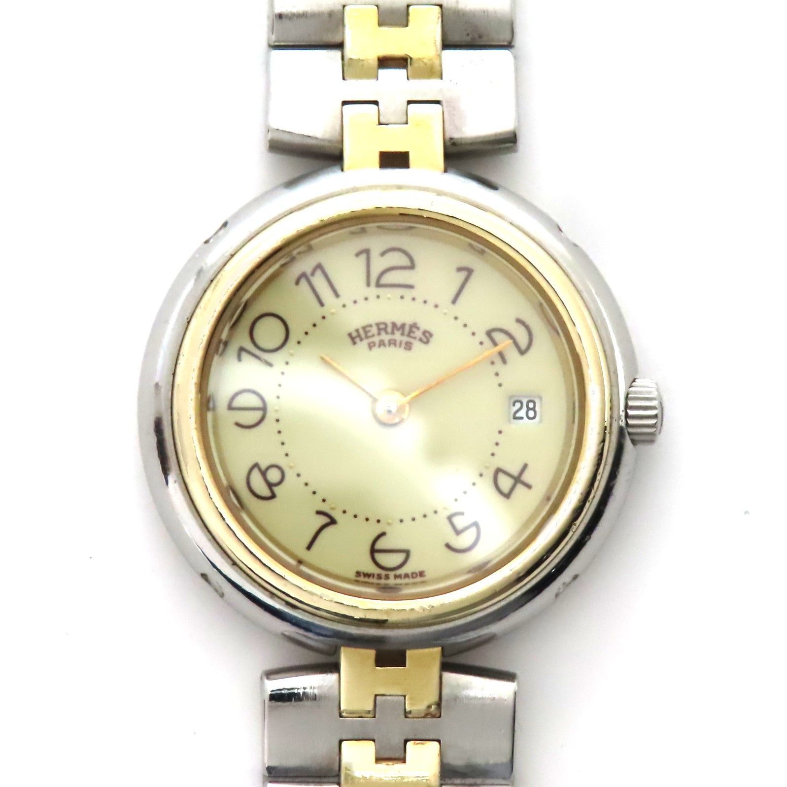 稼働品 HERMES エルメス クリッパー レディース クオーツ 腕時計 あまりゴマあり 純正ステンレスバンド