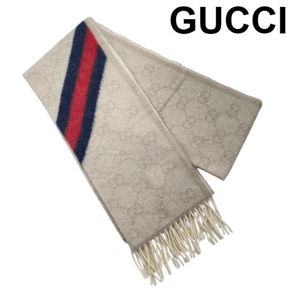 ● グッチ GUCCI マフラー GGパターン ウェビングライン フリンジ ライトベージュ ウール混 アルパカ混 190×37 レディース 5E193