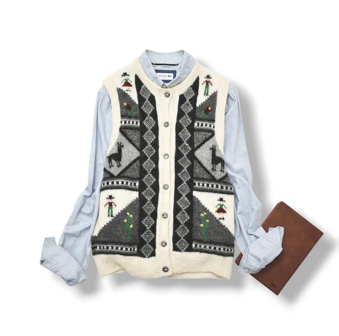 上質 ペルー製 パコス V Pacos アルパカ 100％ ウール ニット ベスト ローゲージ バンド S 総柄 ホワイト x グレー レトロ カジュアル シティールック レディース