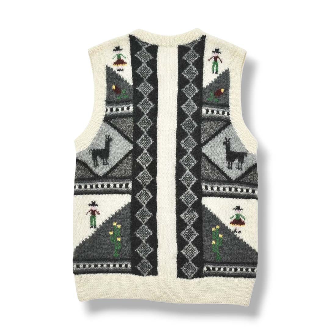  上質 ペルー製 パコス V Pacos アルパカ 100％ ウール ニット ベスト ローゲージ バンド S 総柄 ホワイト x グレー レトロ カジュアル シティールック レディース ノースリーブ ニット セーター