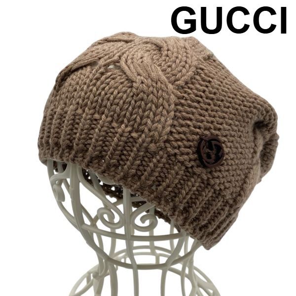 ○ グッチ GUCCI ケーブルニットビーニー ニット帽 GGロゴ付き 帽子