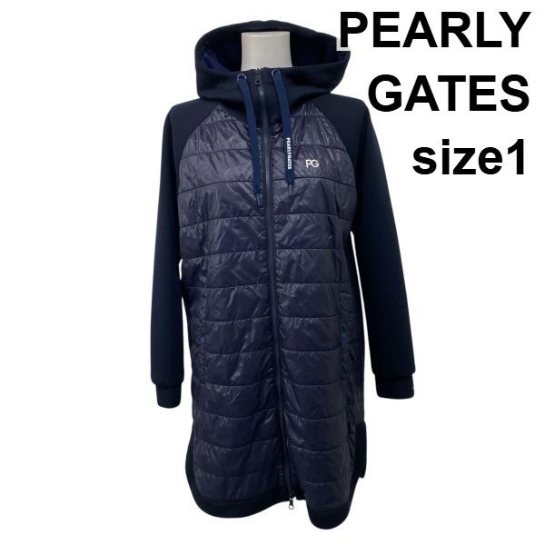 ◆ パーリーゲイツ PEARLY GATES ロングブルゾン ロングコート 長袖 フード付き ゴルフウェア ネイビー 1 M 9号 レディース S5W345