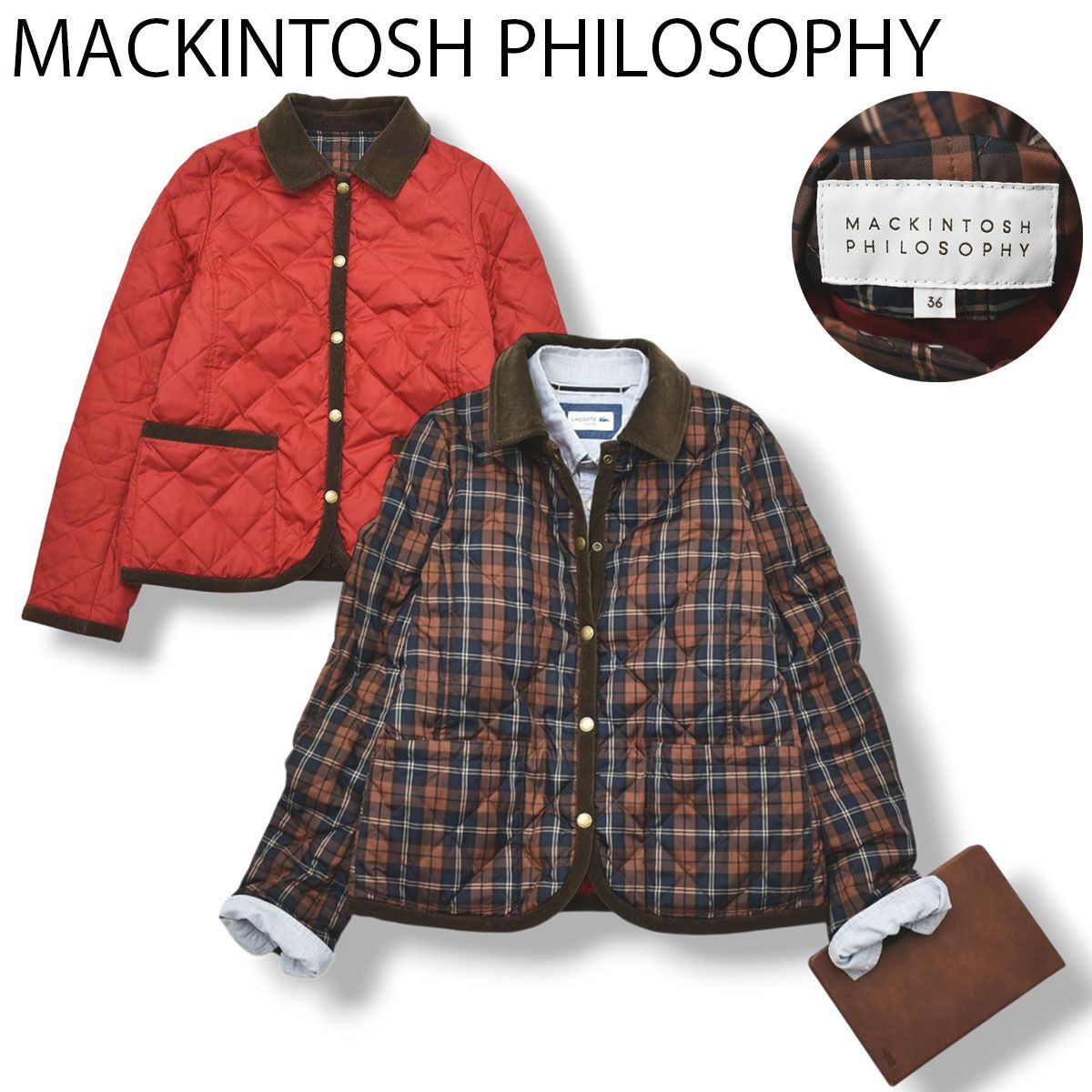 マッキントッシュ フィロソフィー MACKINTOSH PHILOSOPHY リバーシブル キルティング ホワイトダック ダウン ジャケット 36 チェック ブラウンxレッド レディース♪