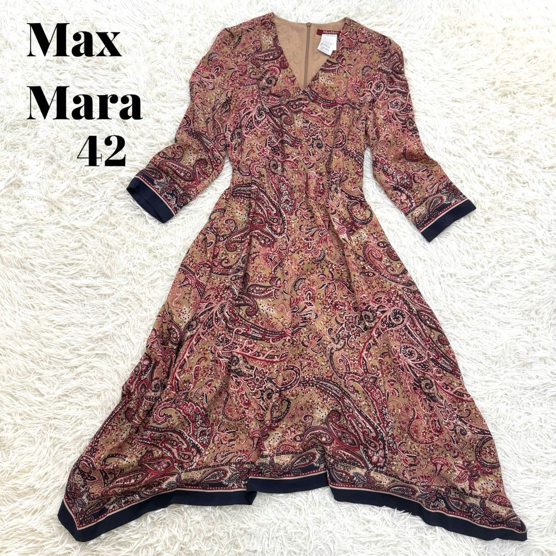 MaxMara マックスマーラ ステュディオ シルク ロングワンピース ミモレ 長袖 アシンメトリー Aライン ペイズリー柄 Vネック 感 上品 ポーランド 大きいサイズ 42