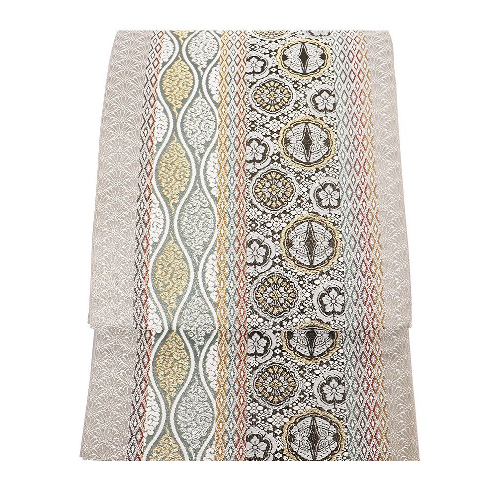 伝統工芸士 鳥元龍男 御倉蘭組 礼装用 袋帯 正絹 緑 グレー 白 金 銀 華文 唐花 菱文 蝶 立涌 Lサイズ F8360 フォーマル 送料無料 WWW_UMKA74_RU