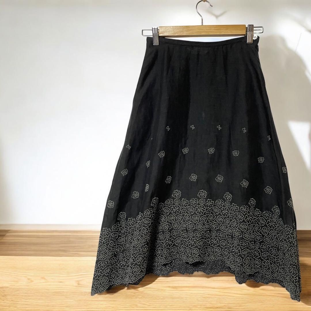 リゼッタ　lisette 刺繍リネンフレアスカート LISETTE リゼッタ リネンスカート 麻 ブラック 花柄 刺繍