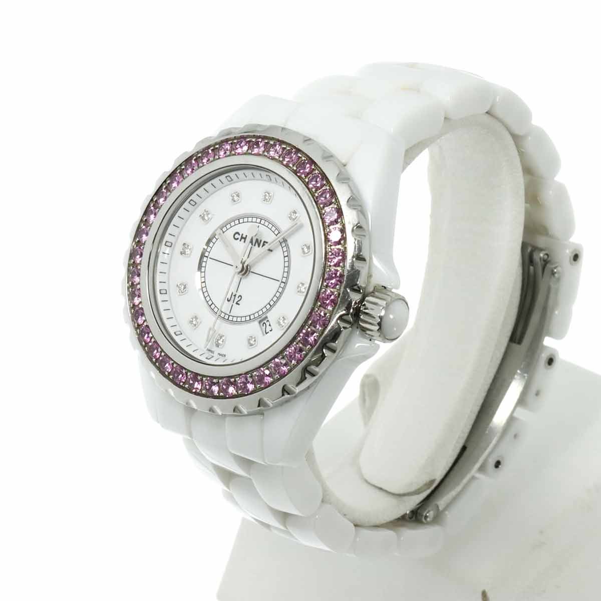 シャネル CHANEL J12 33mm H2010 レディース 腕時計 デイト 12P ダイヤ ピンクサファイヤ ホワイト セラミック クォーツ ウォッチ 90296382
