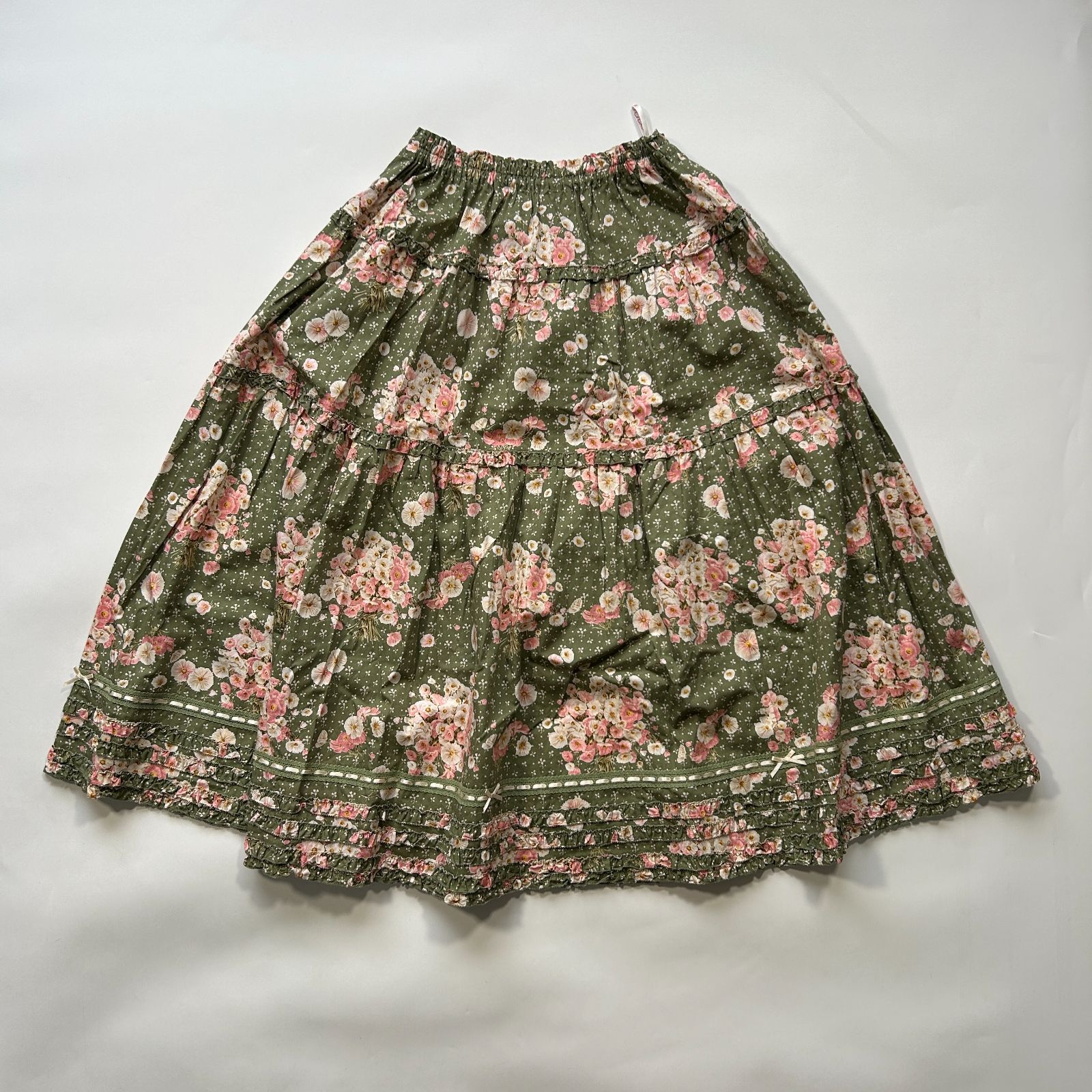 PINK HOUSE ピンクハウス 花柄 ティアード ローン スカート リボン 近年もの グリーン