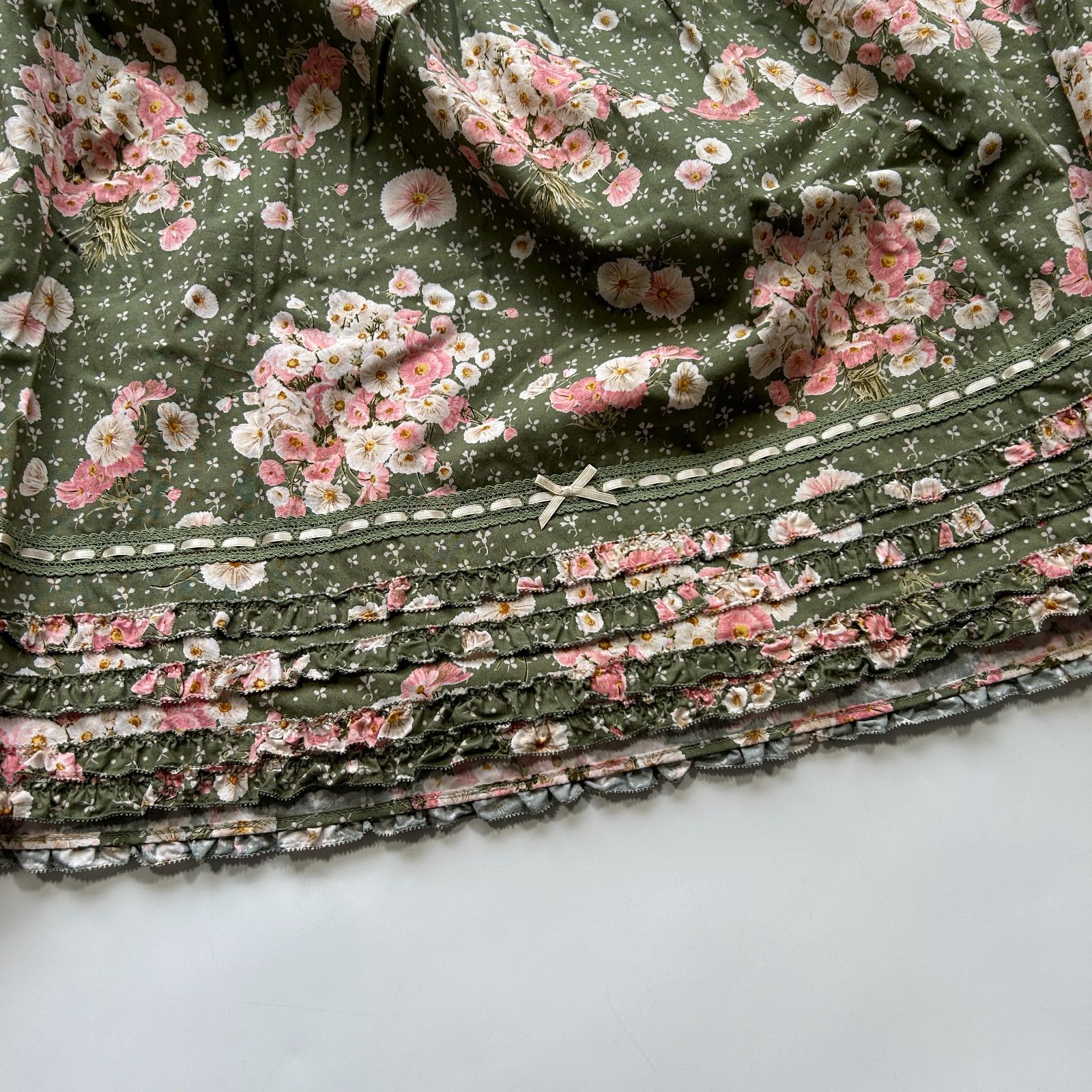 PINK HOUSE ピンクハウス 花柄 ティアード ローン スカート リボン 近年もの グリーン GULLKHAN_COM