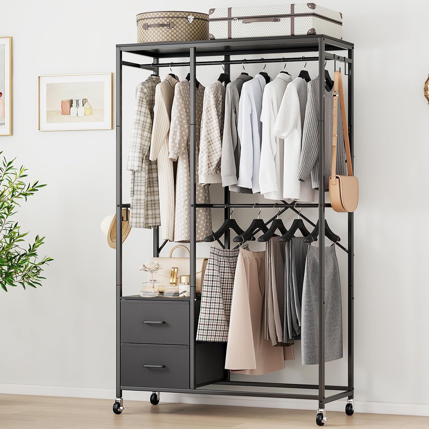ハンガーラック 引き出し付き 2段 頑丈 大容量収納 耐荷重130kg パイプハンガー キャスター付き 押し入れ クローゼット多機能 収納に最適 一人暮らし|ファミリー向け 移動 おしゃれな洋服掛け 幅100×奥行40×高さ180cm ブラック