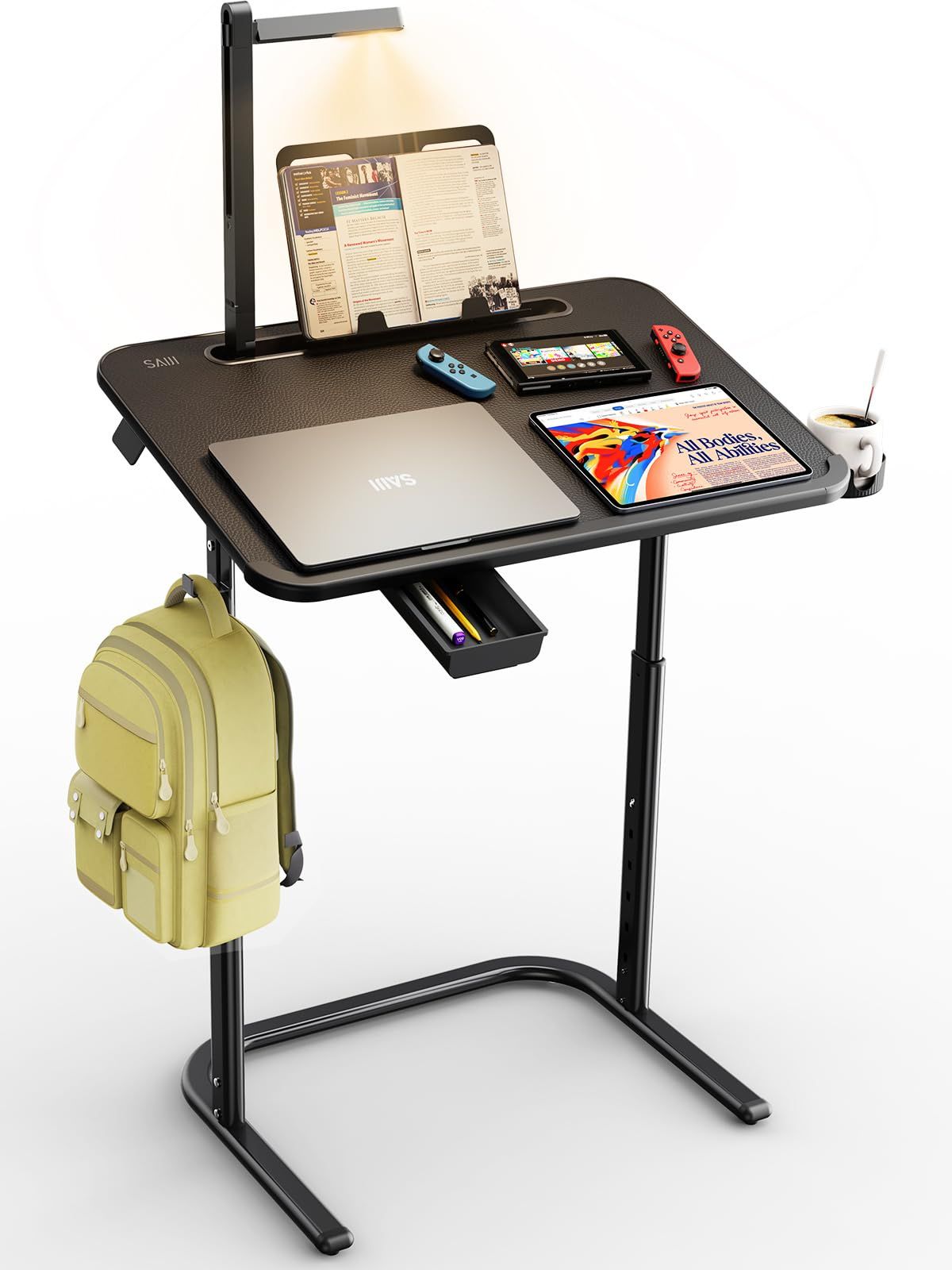 SAIJI サイドテーブル LEDライト付き ノート勉強机PCパソコンテーブル 安定性強化版 一人暮らし 昇降式テーブル 3段階の明るさ調整 角度調節 PU 天板 書見台-ドロワーズ付き 天板65*45*3cm 5段階の高さ調節 高さ55cm-