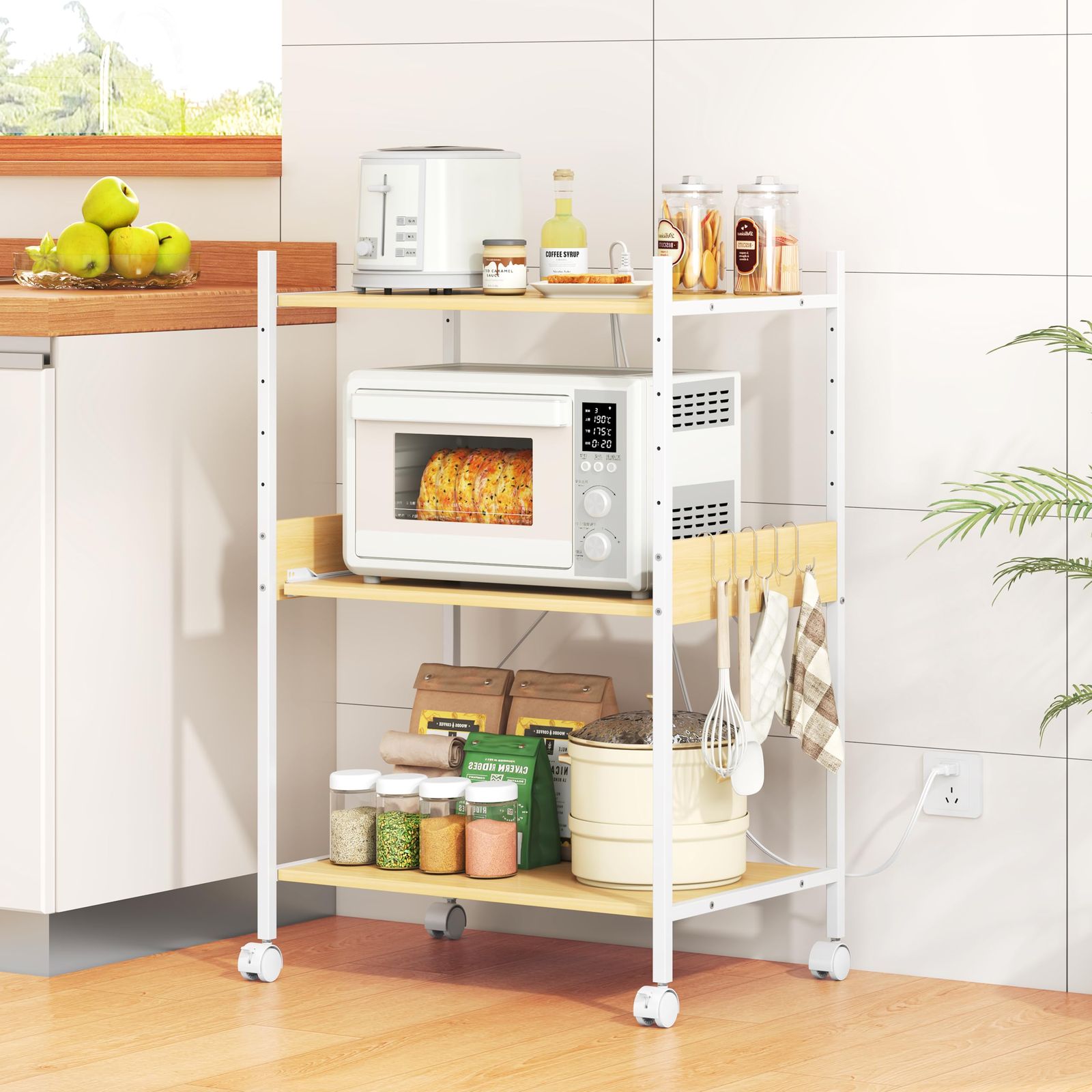 LunarLight レンジラック レンジ台 幅60奥行44高さ90cm コンセント付き 耐荷重112kg キッチン棚 スライド棚 高さ5段調節 大型レンジ対応 キャスター付き移動式とアジャスト付き固定式2機能 サイドパネル付き キッチン収納 オーペ