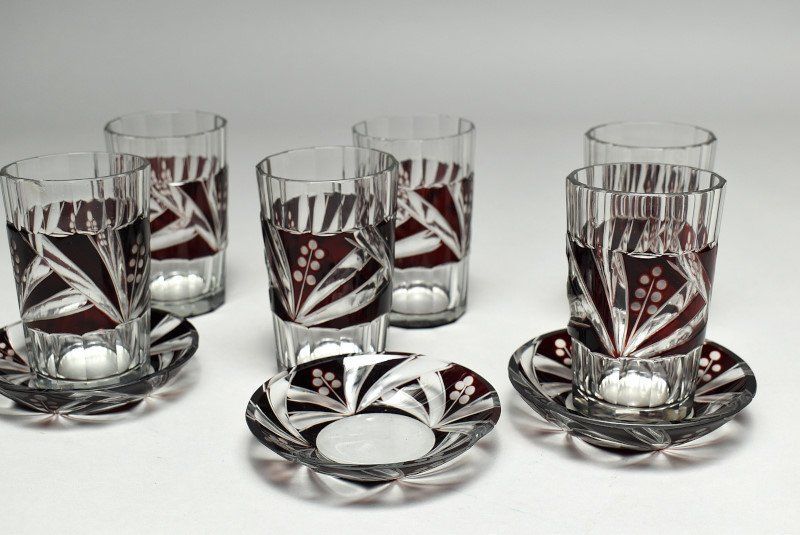 蔵A4826 レトロ硝子 ガラスコップ6客 切子被せガラス ソーサー 小皿3客