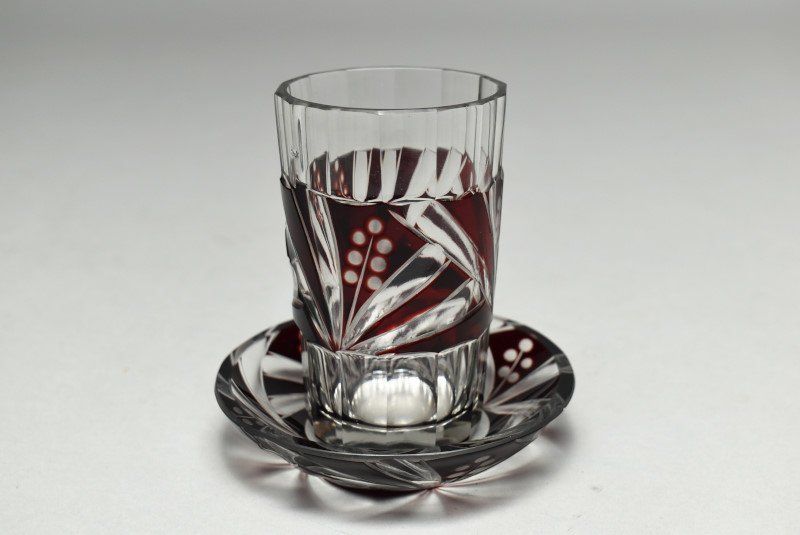 蔵A4826 レトロ硝子 ガラスコップ6客 切子被せガラス ソーサー 小皿3客