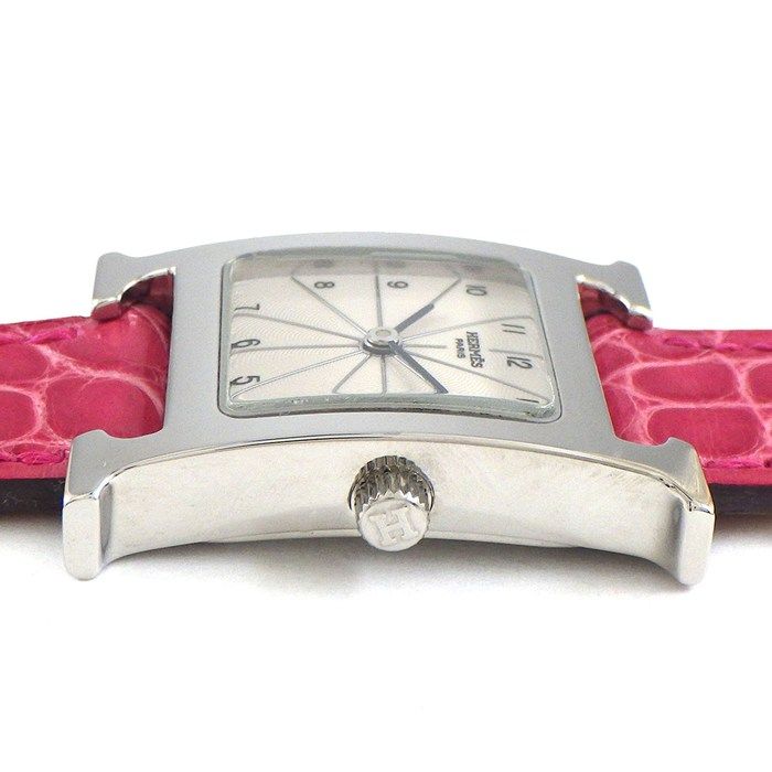 エルメス HERMES 腕時計 Hウォッチ HH1.210 スクエア アイボリー ギョーシェ文字盤 SS ピンク アリゲーターレザーベルト クオーツアナログ