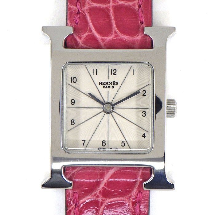 エルメス HERMES 腕時計 Hウォッチ HH1.210 スクエア アイボリー ギョーシェ文字盤 SS ピンク アリゲーターレザーベルト クオーツアナログ