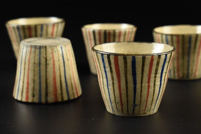 蔵A4777b 古民藝 瀬戸 麦藁手 猪口 五客 酒器