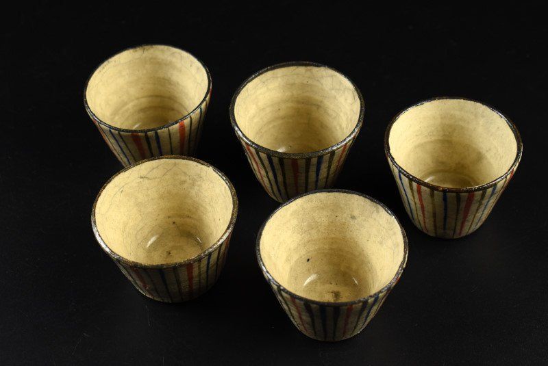 蔵A4776c 古民藝 瀬戸 麦藁手 猪口 五客 酒器