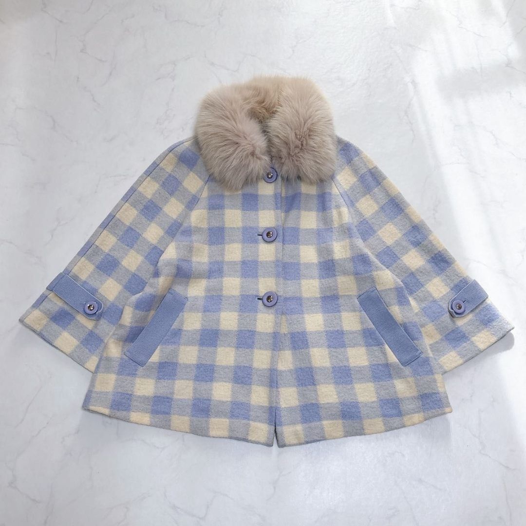 クレージュ フォックスファー チェック柄 ウールコート M ジャケット