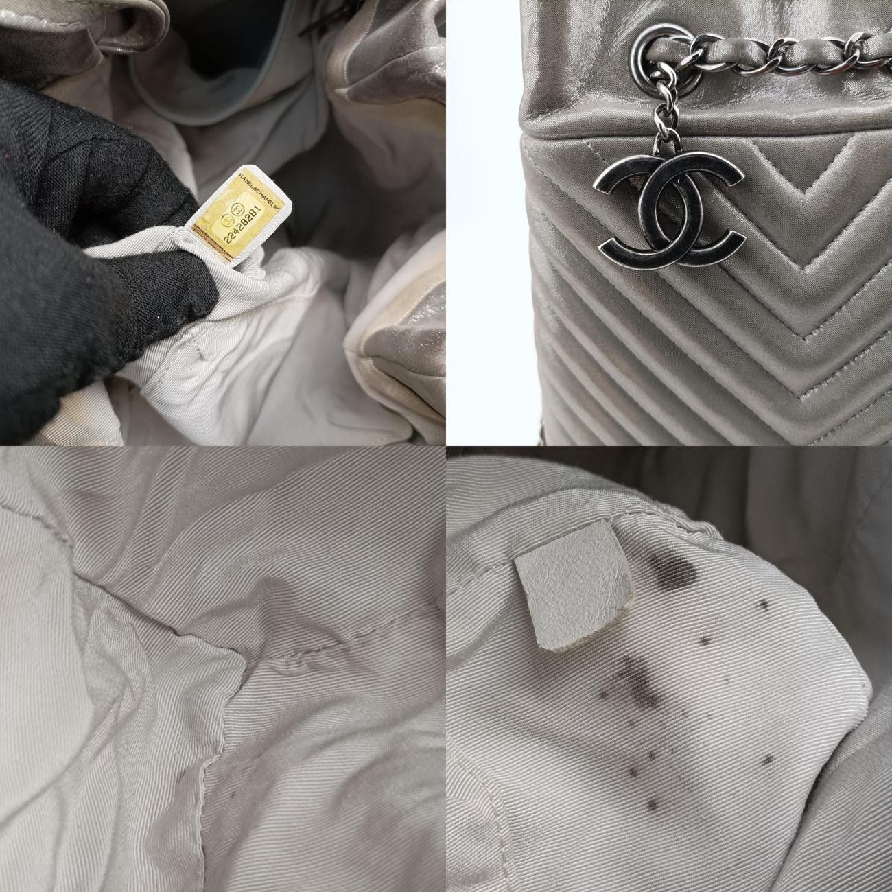 シャネルChanelアーバンスピリットVステッチシルバースパークルレザーA9113622428281