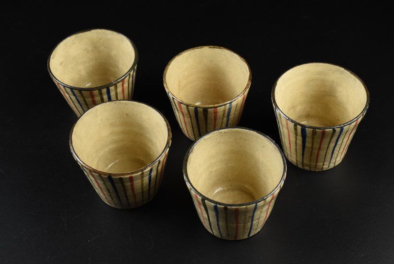 蔵A4776b 古民藝 瀬戸 麦藁手 猪口 五客 酒器