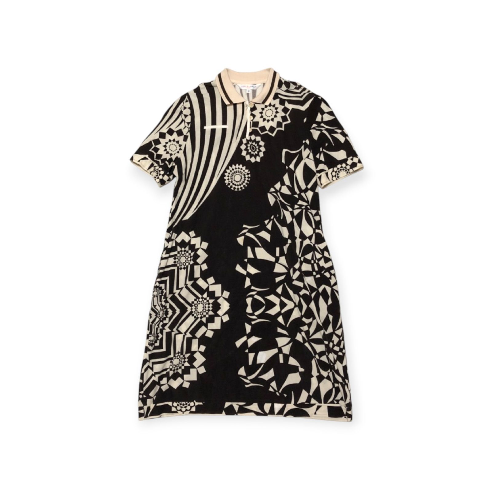 LEONARD レオナール ポケット付 ポロシャツ ワンピース ロング 総柄 ブラウン サイズ42 ゴールドベージュボタン コットン