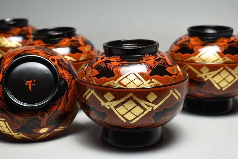 蔵A4615a 木製 秀衡塗 大椀 五客