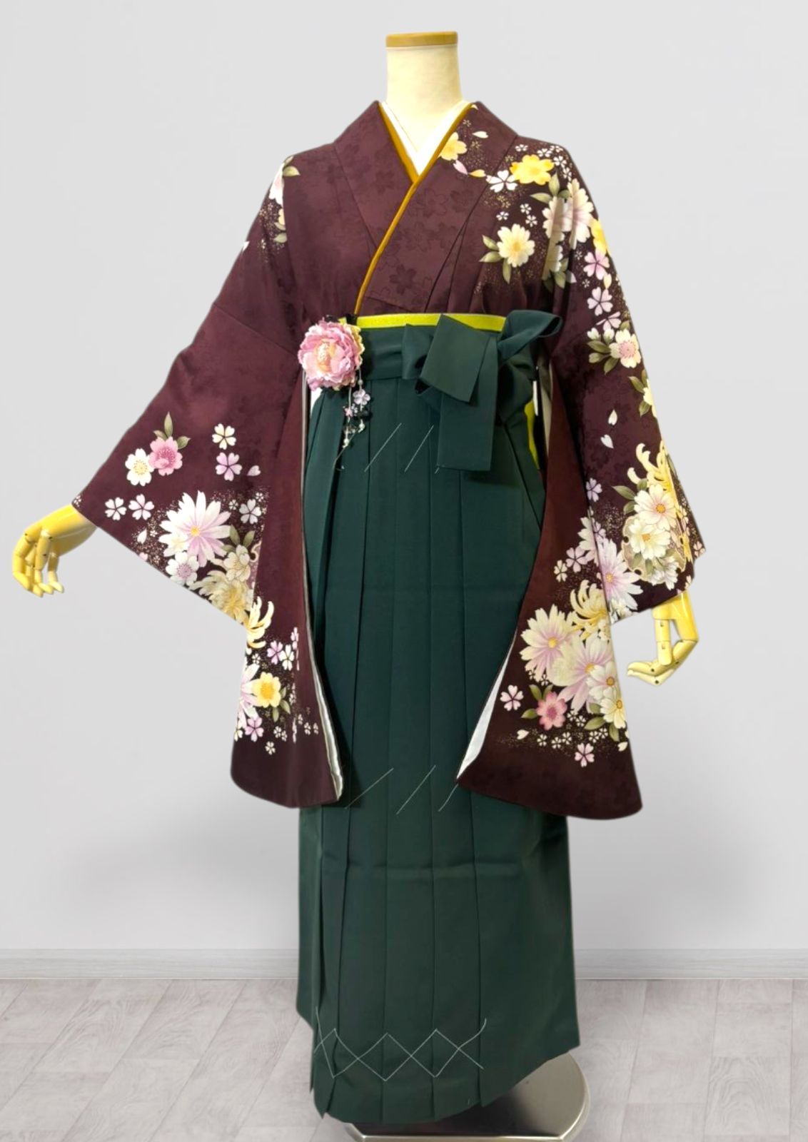 着物 袴 帯 3点セット 卒業式 に レディース袴セット 成人式 卒業式に 華やか和装 茶 茶系 エンジ 緑 大柄 花柄 桜 菊 地紋 モダン 95-33