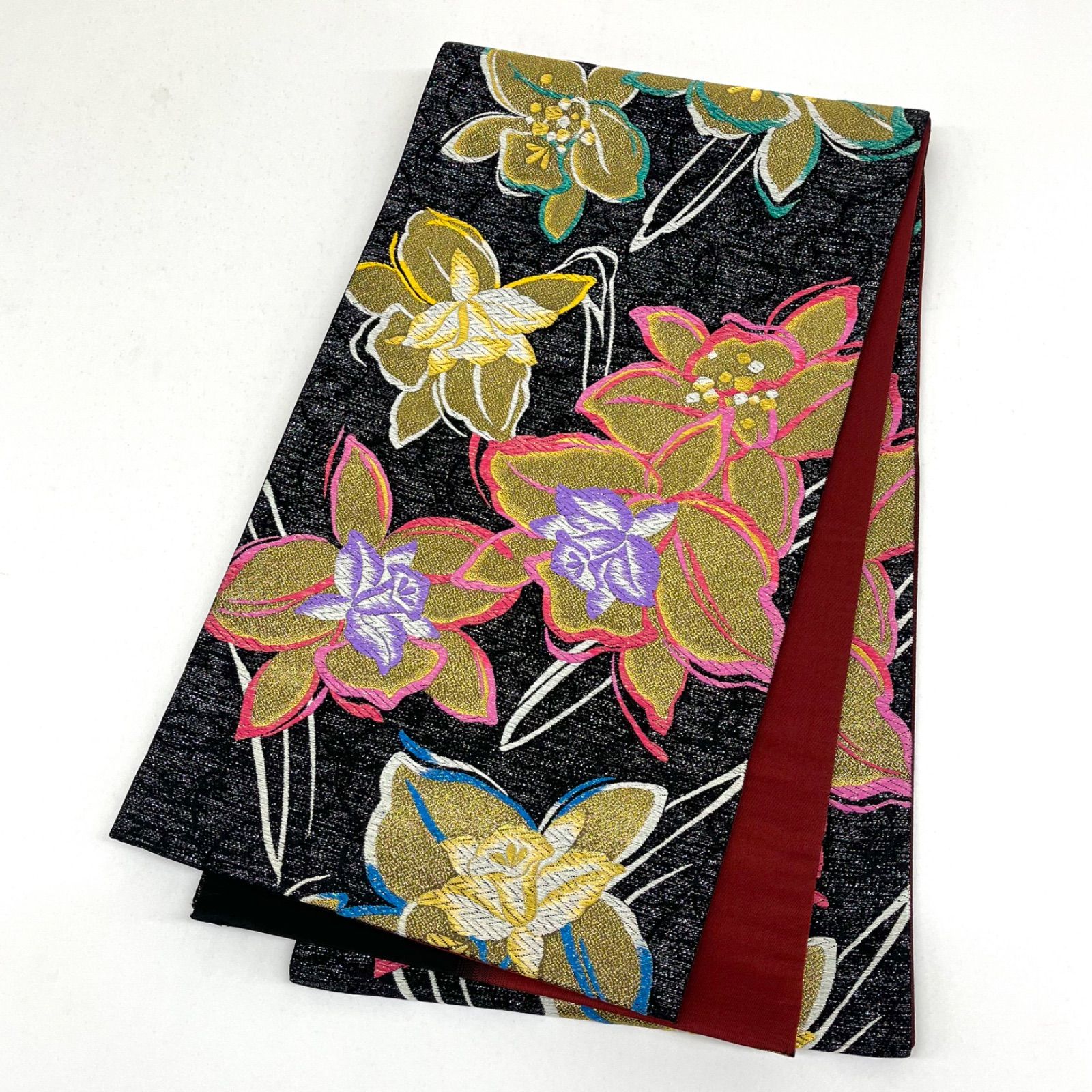 リバーシブル 袋帯 正絹 振袖 豪華 コサージュ 大輪 カトレア D053