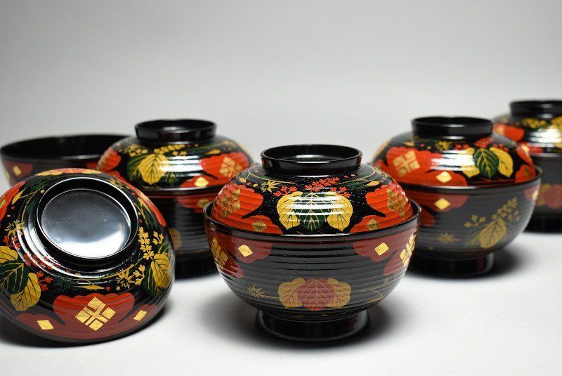 蔵A4310 正法寺蒔絵 煮物椀 蓋物 五客 秀衡塗 浄法寺塗