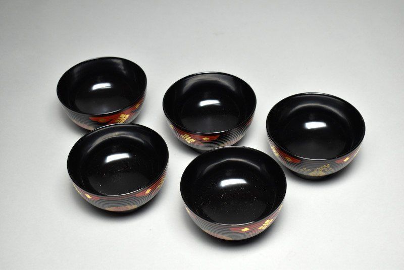 蔵A4310 正法寺蒔絵 煮物椀 蓋物 五客 秀衡塗 浄法寺塗