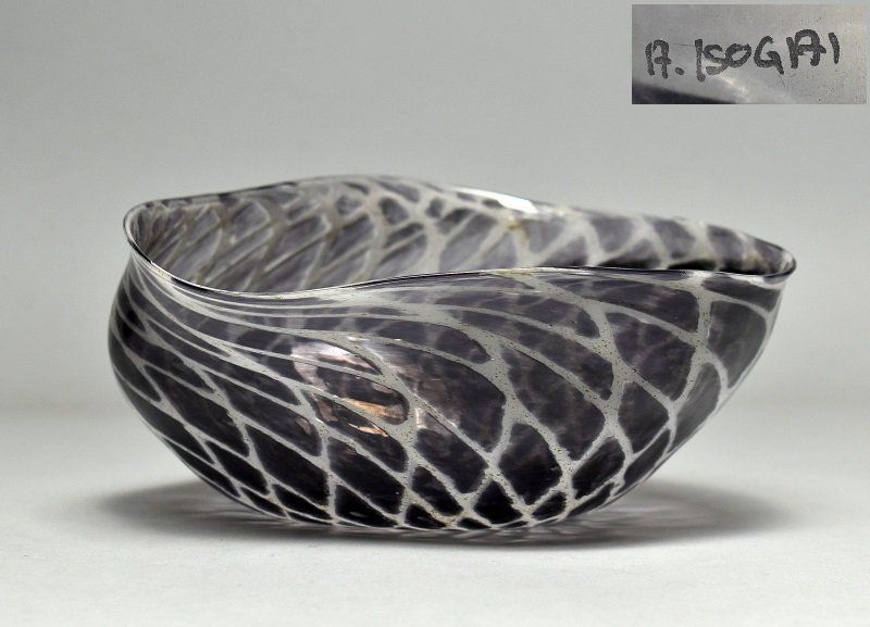 蔵A4236c ガラス 磯谷 晴弘 扁形菓子鉢 フラワーベース 中鉢