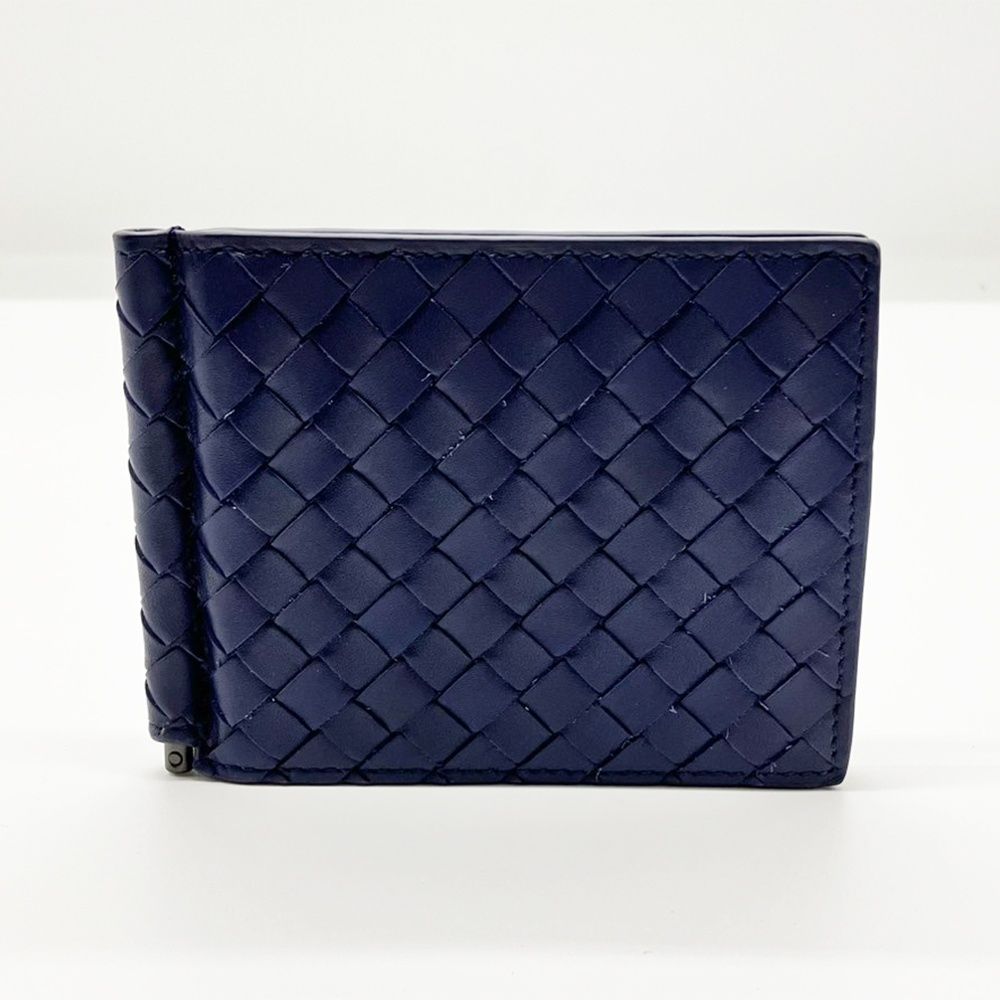 ボッテガヴェネタ マネークリップ ネイビー二つ折り 札入れ レザー イントレチャート BOTTEGA VENETA Aランク