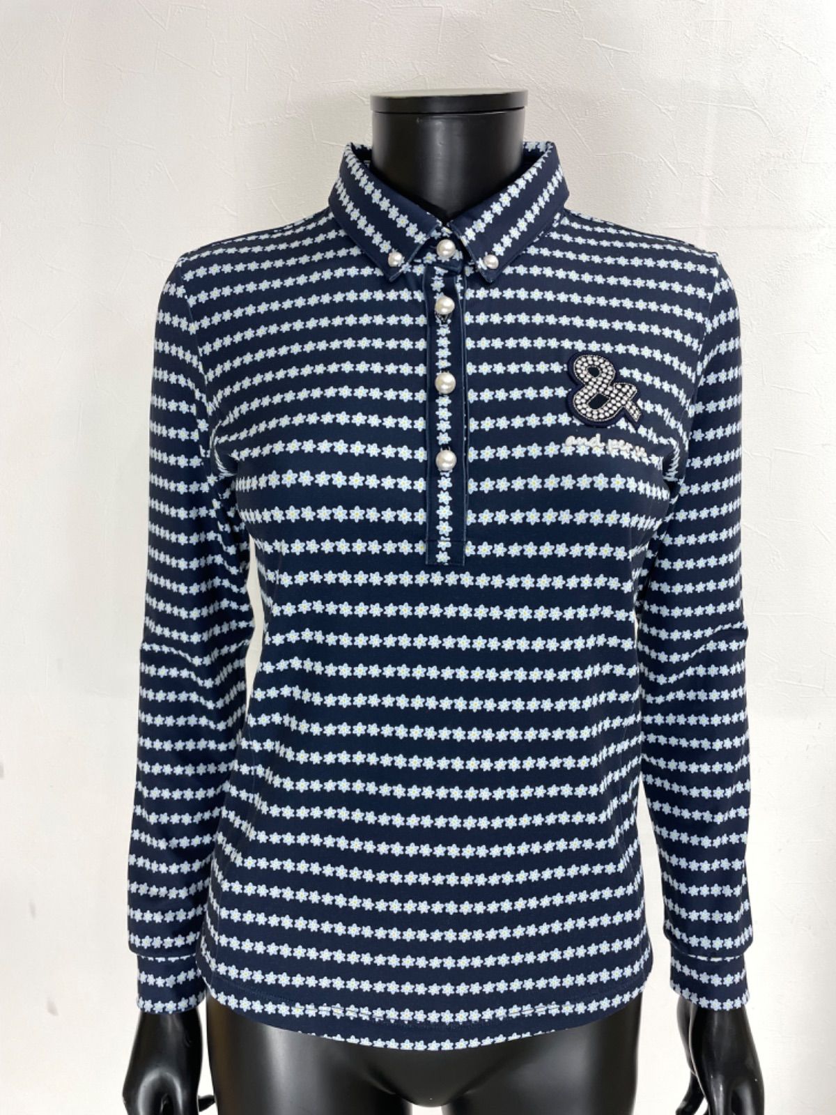 and per se アンパスィ ポリエステル ストレッチ 長袖 ポロシャツ ラインストーン 花柄 ネイビー 紺 レディース M ゴルフウェア