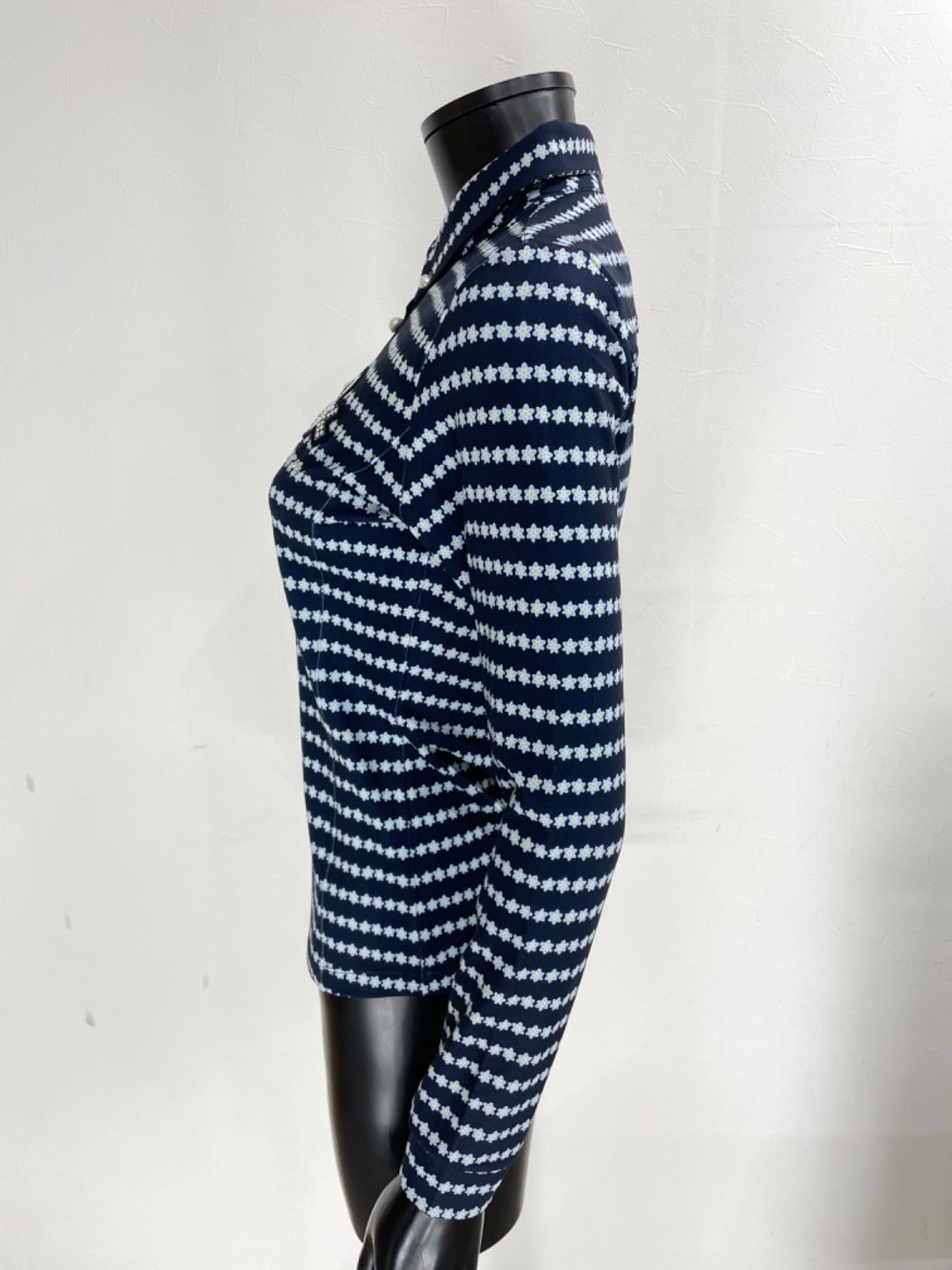 and per se アンパスィ ポリエステル ストレッチ 長袖 ポロシャツ ラインストーン 花柄 ネイビー 紺 レディース M ゴルフウェア