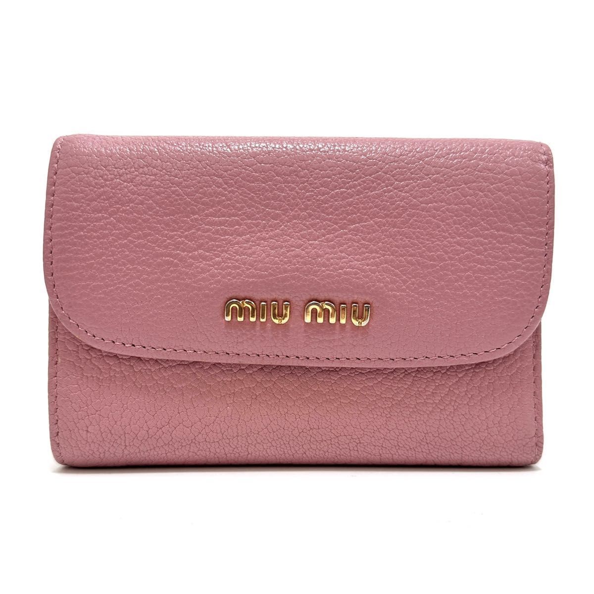 ミュウミュウ 三つ折り財布 コンパクトウォレット ミニウォレット 財布 wallet ピンク pink ゴールド g レザー 本革 ロゴ MIUMIU miumiu