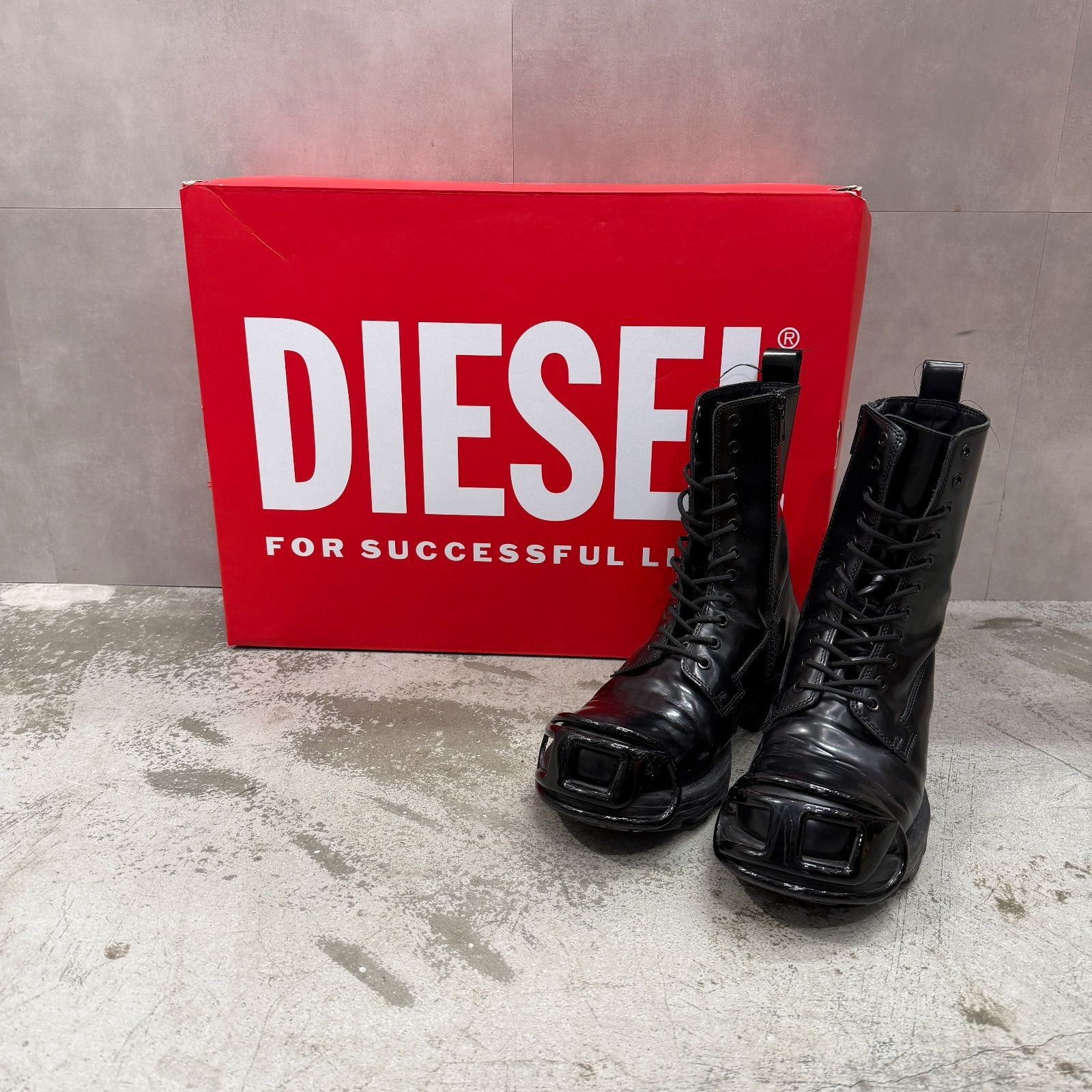 参考上代106700円 DIESEL D-HAMMER サイドジップ レースアップ ブーツ ディーゼル Y03228P4471 43 ブラック 1403M1